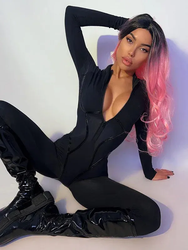 Leather Stitching Slim Jumpsuit