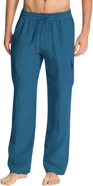 Mens Cotton Linen Cargo Pants Relaxed Fit Casual Baggy Sweatpants with Multi Pockets Fashion Resort Trousers for Men