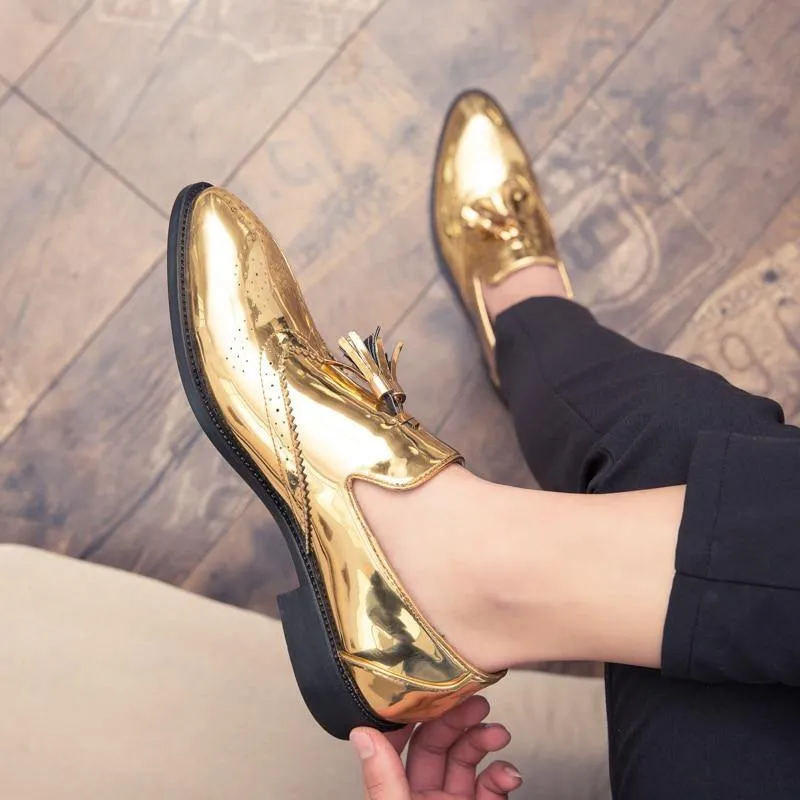 Men's Gold Color Tassel Patent Leather Loafers