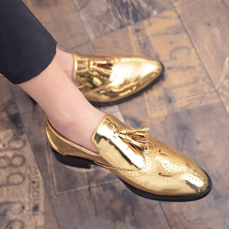 Men's Gold Color Tassel Patent Leather Loafers
