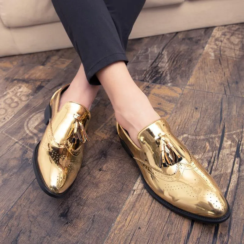 Men's Gold Color Tassel Patent Leather Loafers