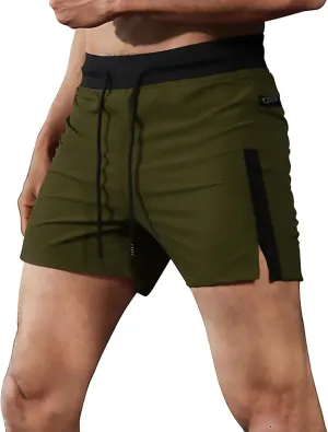 Mens Summer Workout Shorts with Zip Pocket Skinny Stretch Casual Running Shorts Elastic Waist Drawstring Slim Fit Beach Pants
