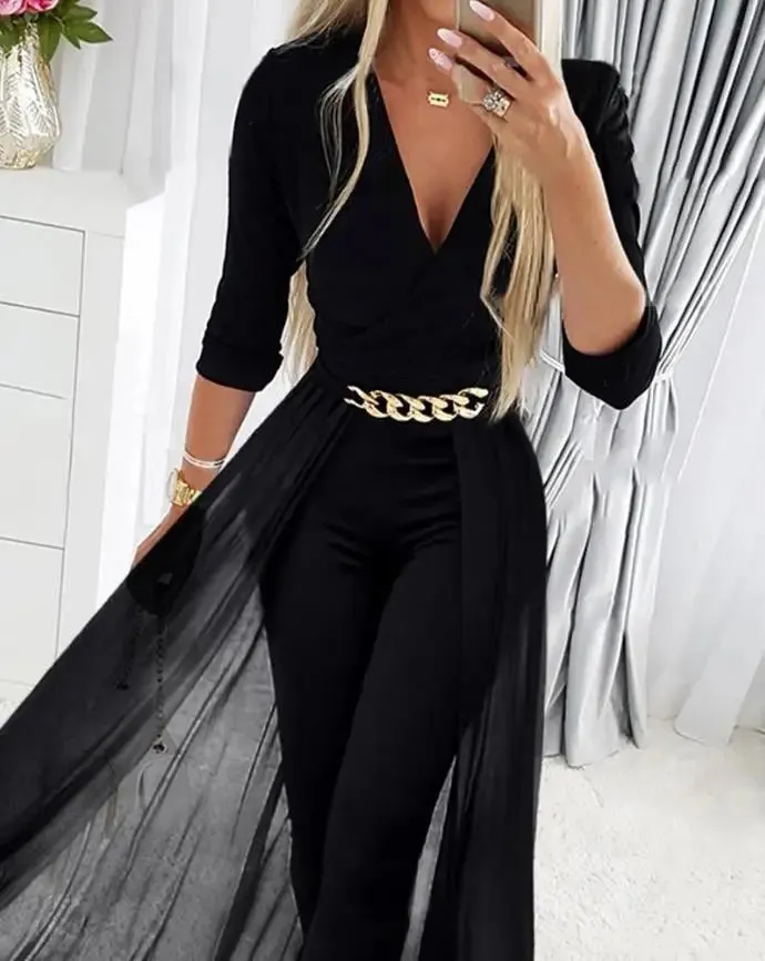 Mesh Overlay Chain Jumpsuit