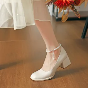 Nude Block Heels Closed Toe Women's Shoes Fall Fashion Low-Cut Square Toe