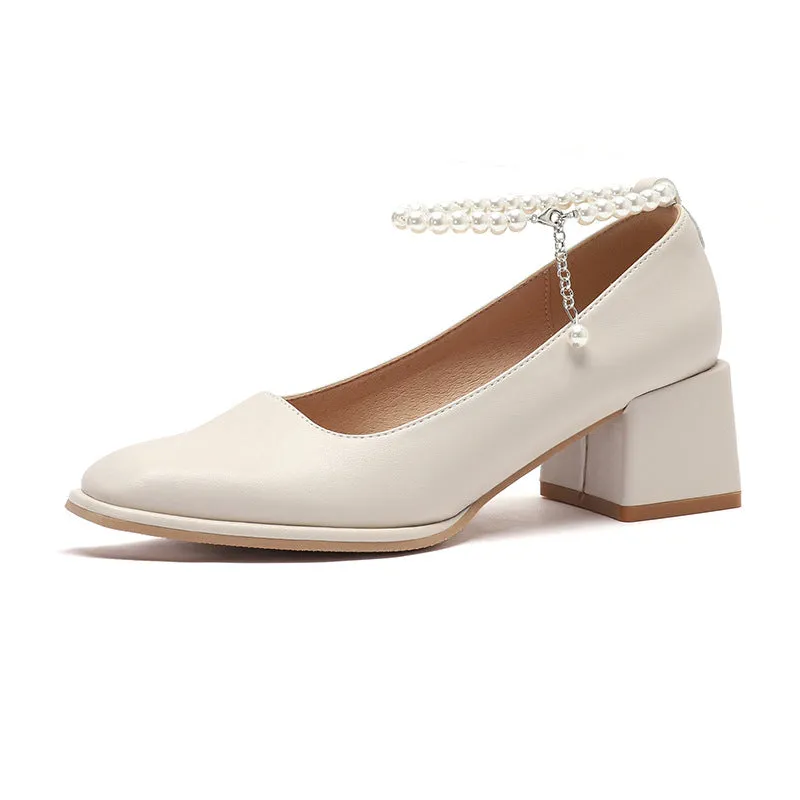 Nude Block Heels Closed Toe Women's Shoes Fall Fashion Low-Cut Square Toe
