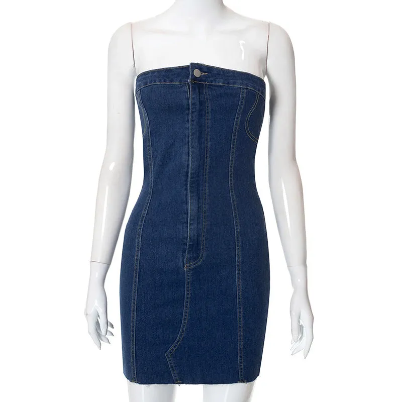 One-Shoulder Sleeveless Button-Zip Bodycon Denim Dress