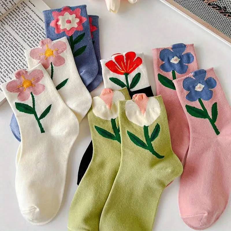 Pack of 5 Pairs Floral Cotton Socks for Women