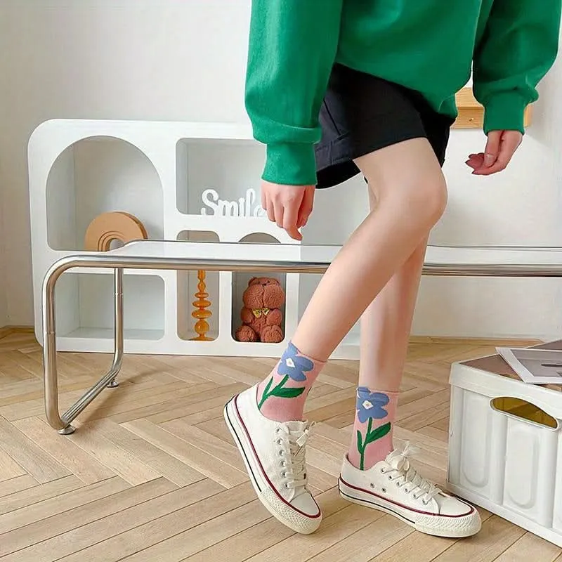 Pack of 5 Pairs Floral Cotton Socks for Women