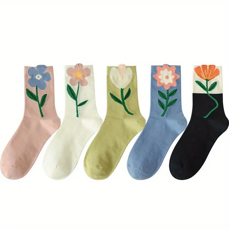 Pack of 5 Pairs Floral Cotton Socks for Women