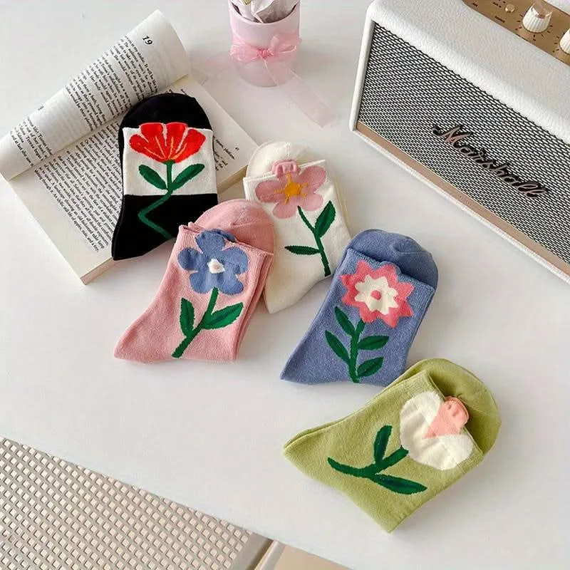 Pack of 5 Pairs Floral Cotton Socks for Women