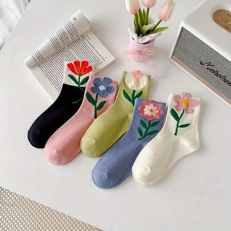 Pack of 5 Pairs Floral Cotton Socks for Women
