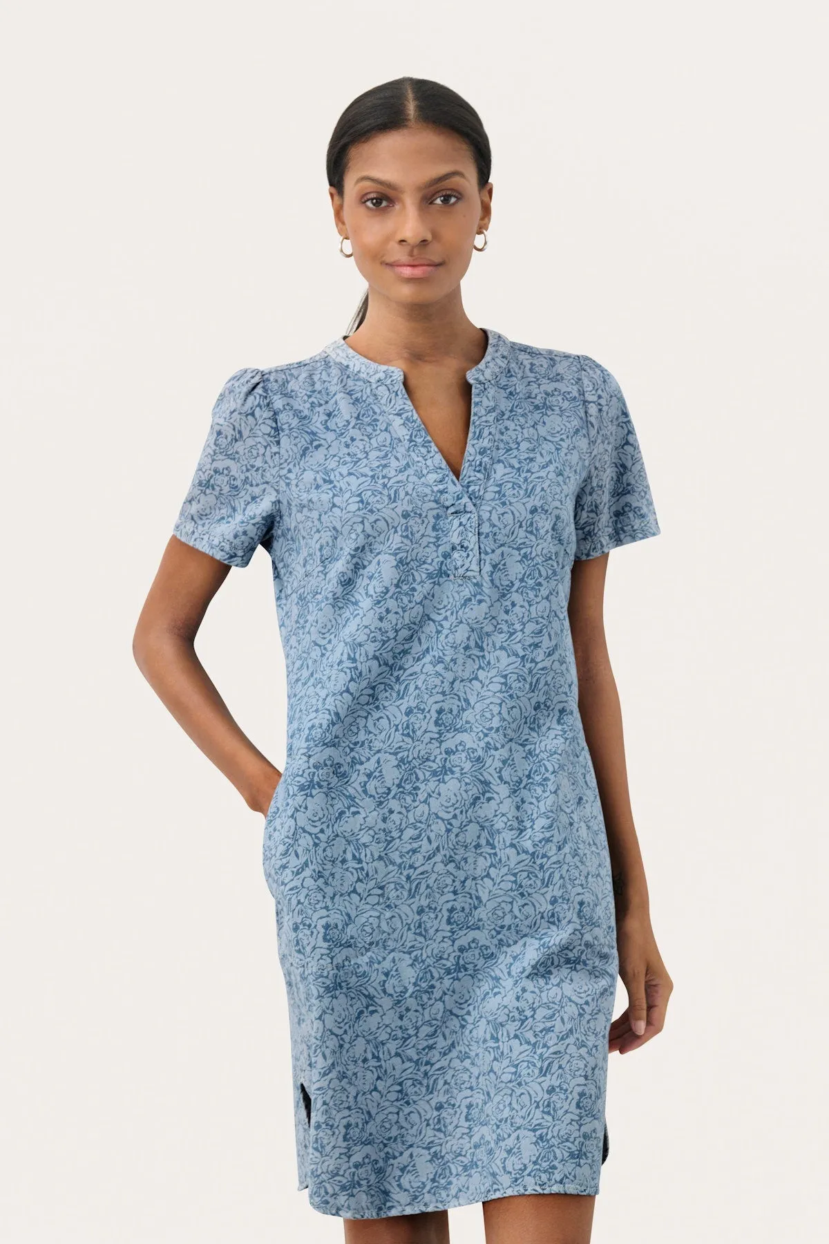 Part Two Aminase Denim Rose Short Sleeve Denim Dress with Pockets