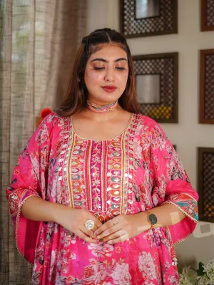 Pink Kurta With Printed Cotton Kaftan