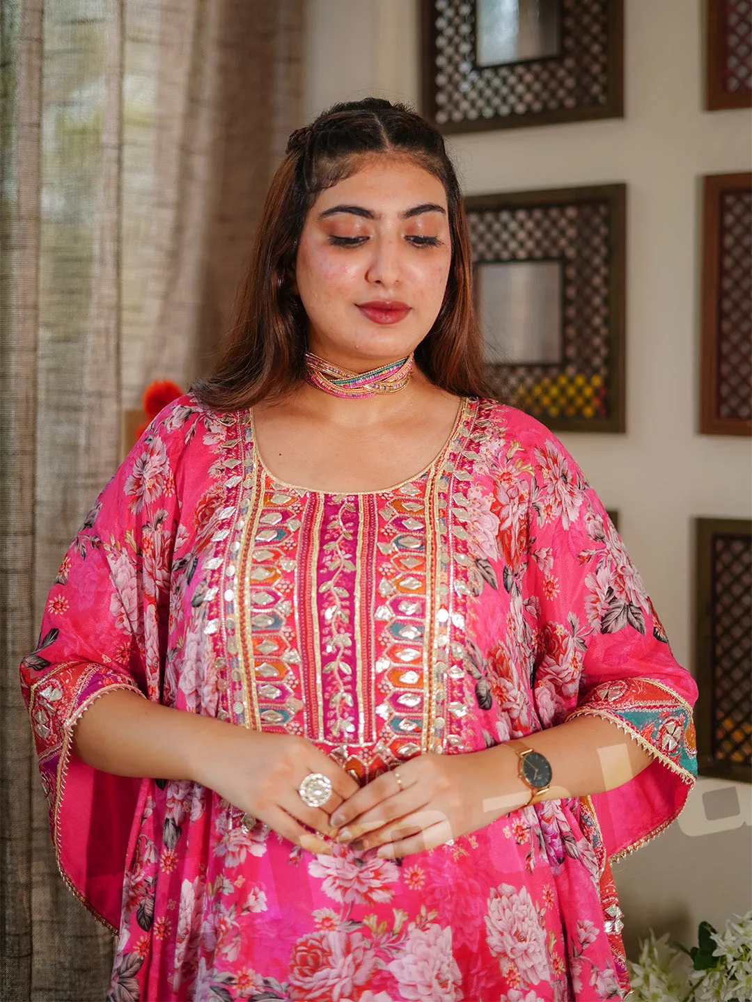 Pink Kurta With Printed Cotton Kaftan