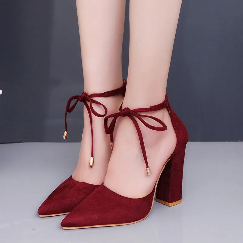 Pointed Tow High Chunky Heels Ankle Lace UP Party Shoes