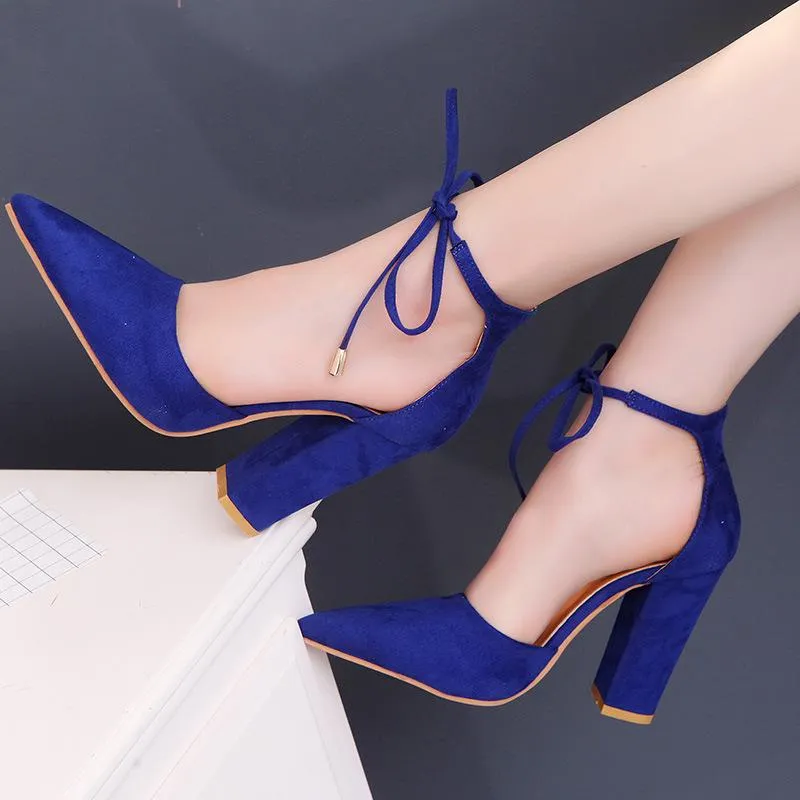 Pointed Tow High Chunky Heels Ankle Lace UP Party Shoes