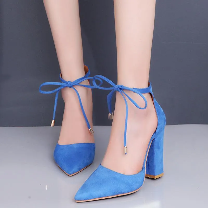 Pointed Tow High Chunky Heels Ankle Lace UP Party Shoes