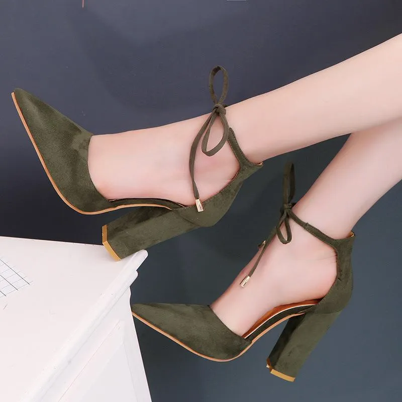 Pointed Tow High Chunky Heels Ankle Lace UP Party Shoes
