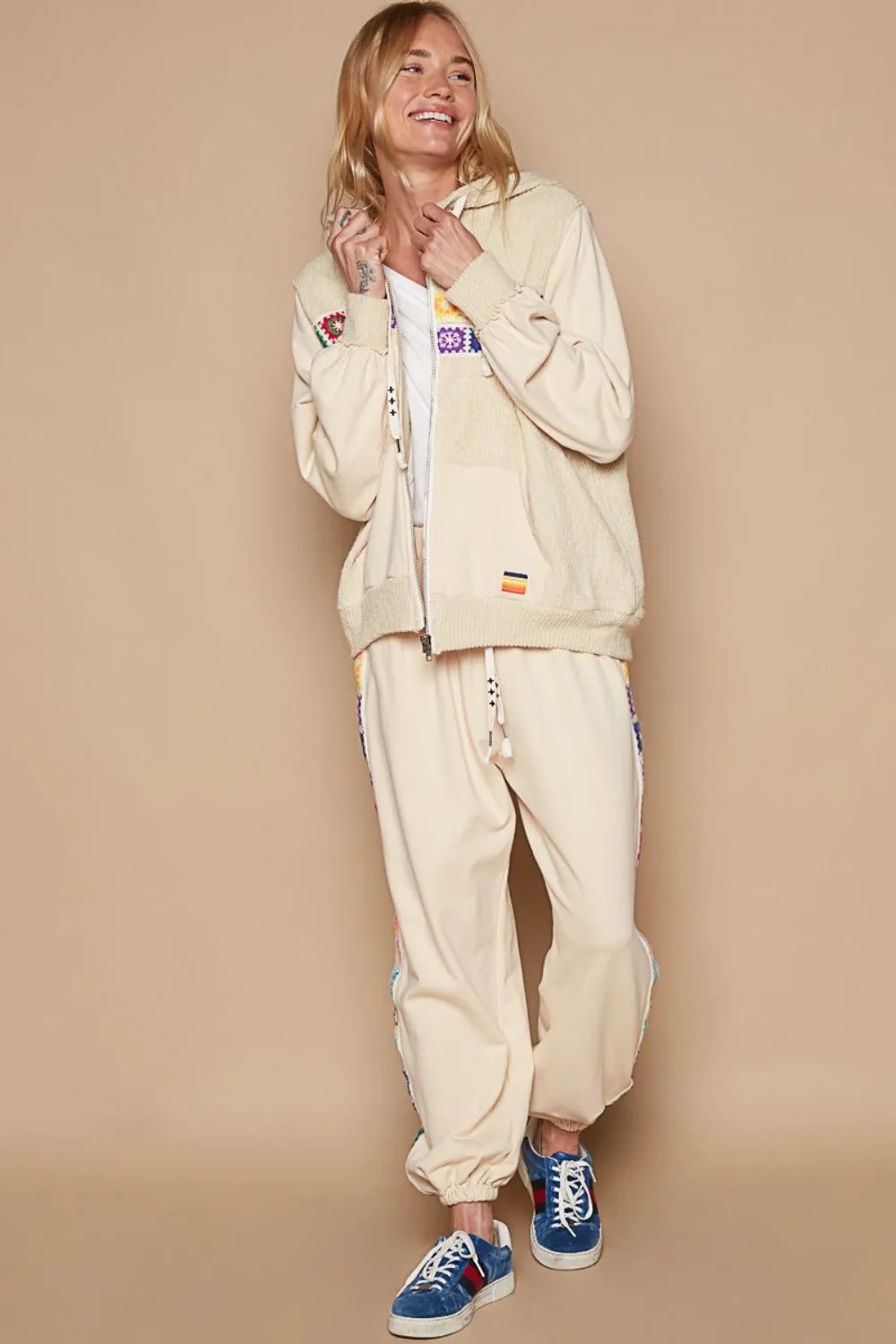 POL Boho Contrast Square Patch Pattern Hooded Zipper Jacket