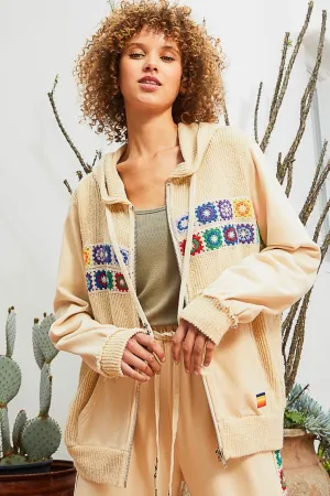 POL Boho Contrast Square Patch Pattern Hooded Zipper Jacket
