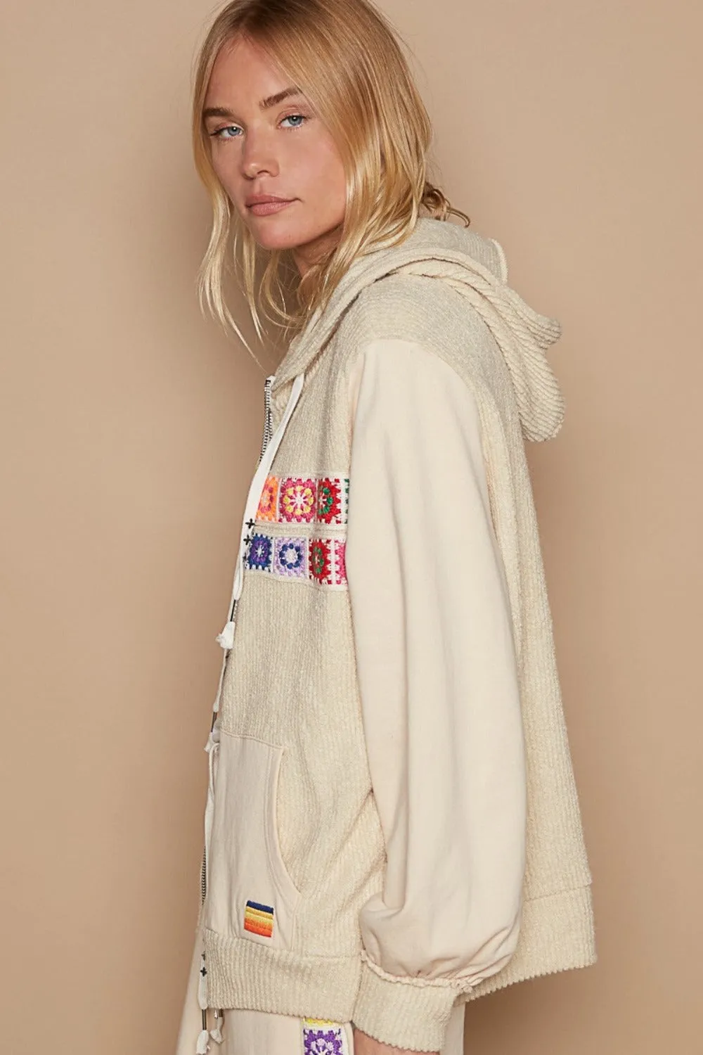 POL Boho Contrast Square Patch Pattern Hooded Zipper Jacket