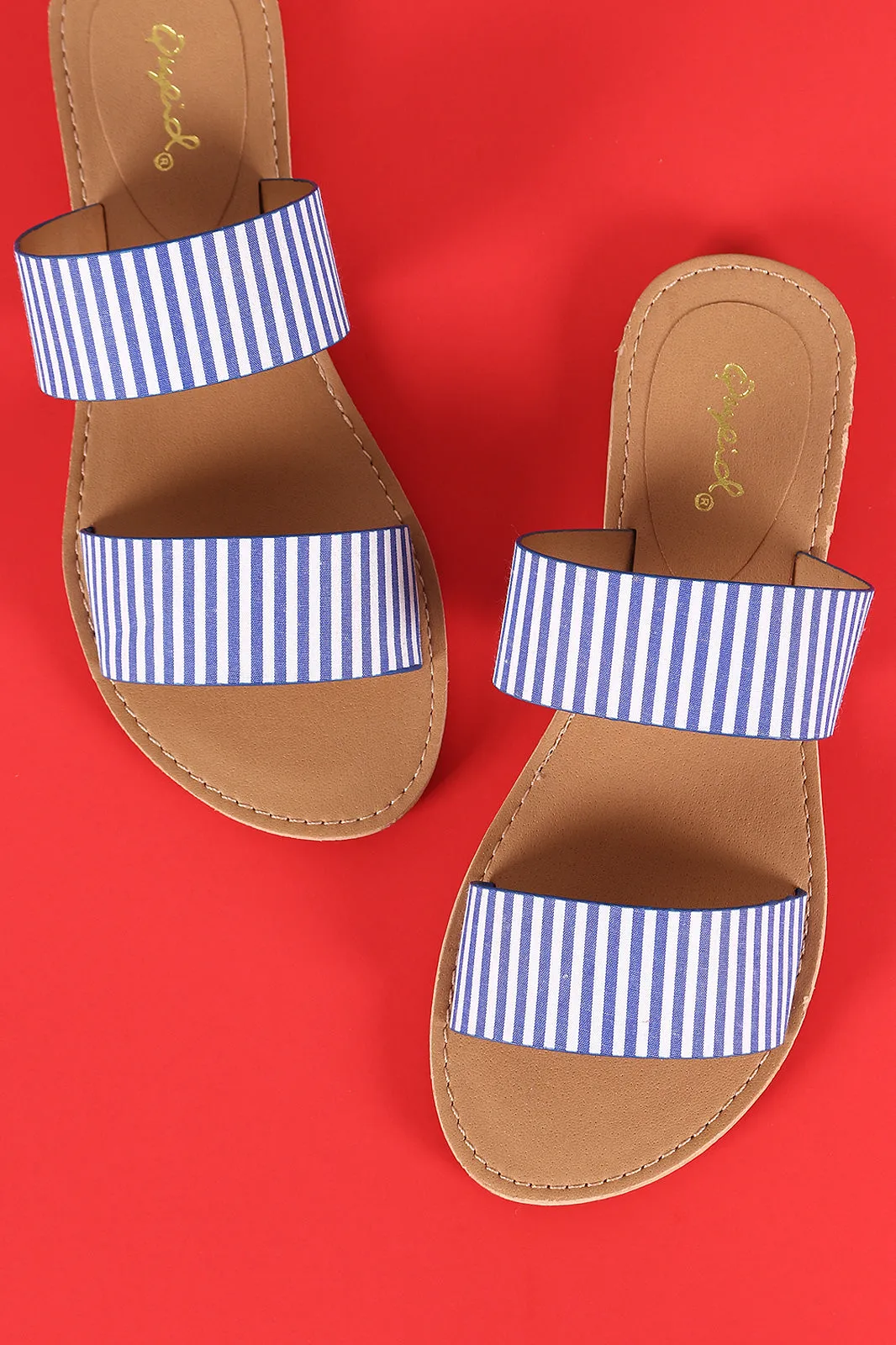 Qupid Printed Double Band Slide Flat Sandals