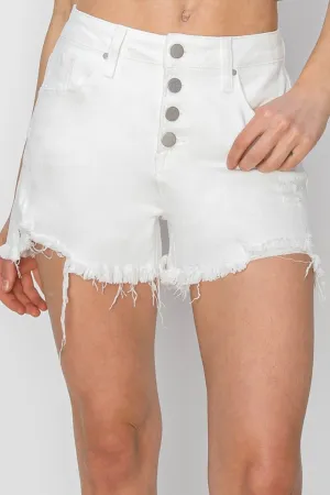 RISEN Button Fly Frayed Hem Denim Shorts - White