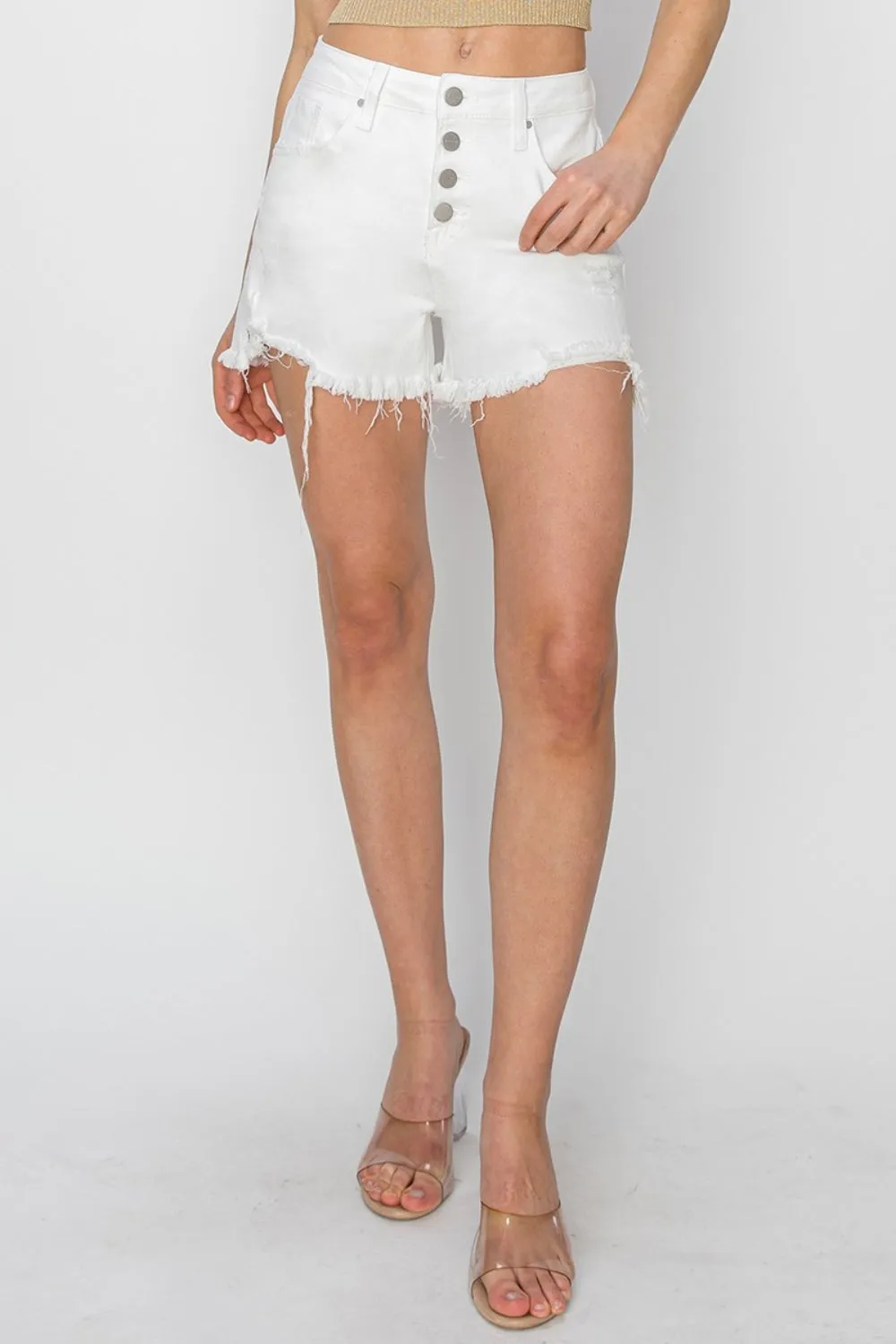 RISEN Button Fly Frayed Hem Denim Shorts - White