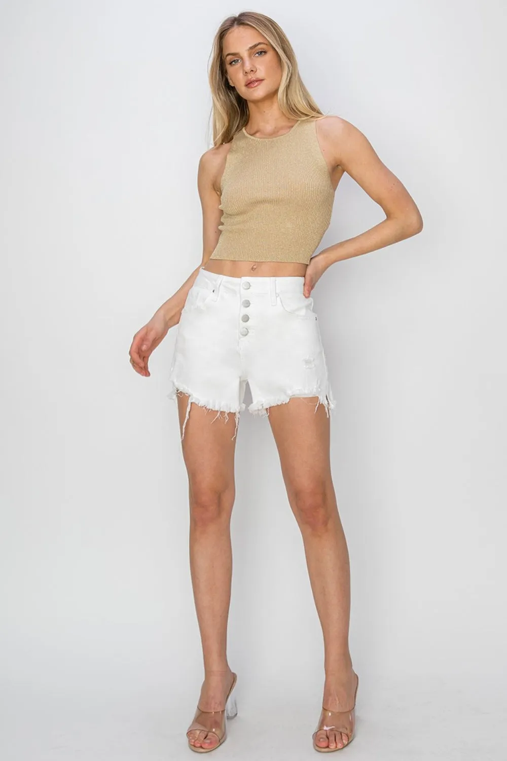 RISEN Button Fly Frayed Hem Denim Shorts - White