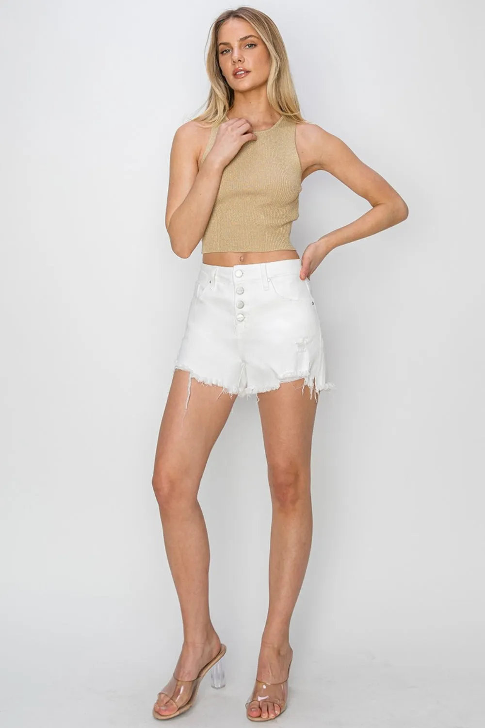 RISEN Button Fly Frayed Hem Denim Shorts - White