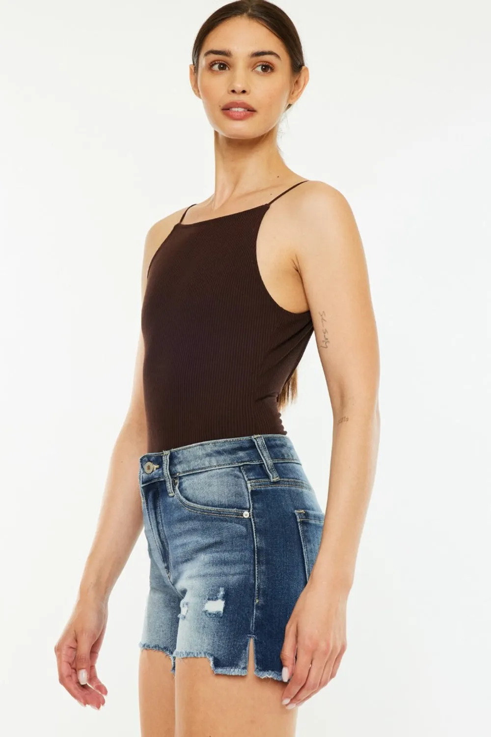 Sarah High Waist Raw Hem Denim Shorts Kancan