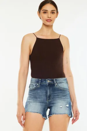 Sarah High Waist Raw Hem Denim Shorts Kancan
