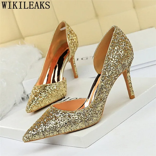 Sexy High Heels Pointed Toe Stiletto Glitter Heels- Wedding Shoes Bride Designer Heels