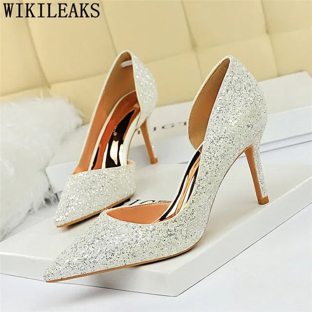 Sexy High Heels Pointed Toe Stiletto Glitter Heels- Wedding Shoes Bride Designer Heels