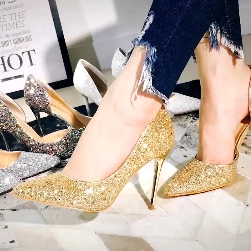 Sexy High Heels Pointed Toe Stiletto Glitter Heels- Wedding Shoes Bride Designer Heels