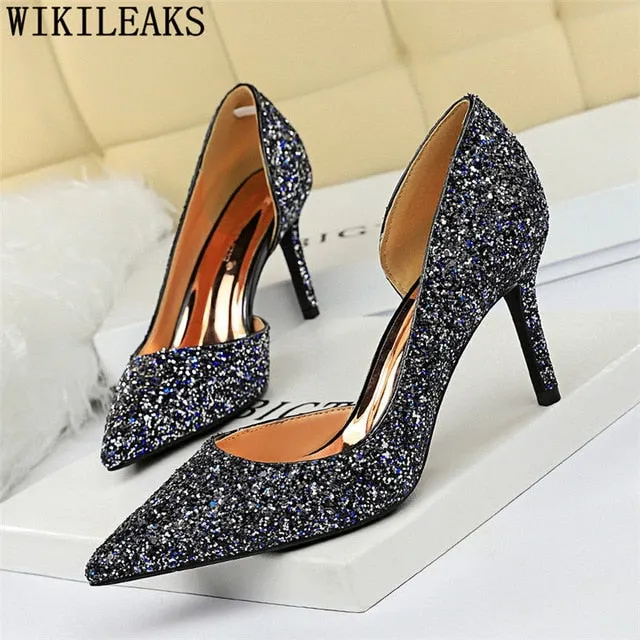 Sexy High Heels Pointed Toe Stiletto Glitter Heels- Wedding Shoes Bride Designer Heels