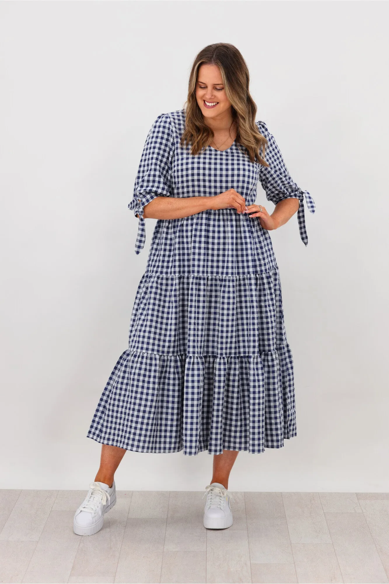 Silver Wishes Gingham Tier Midi Dress Navy