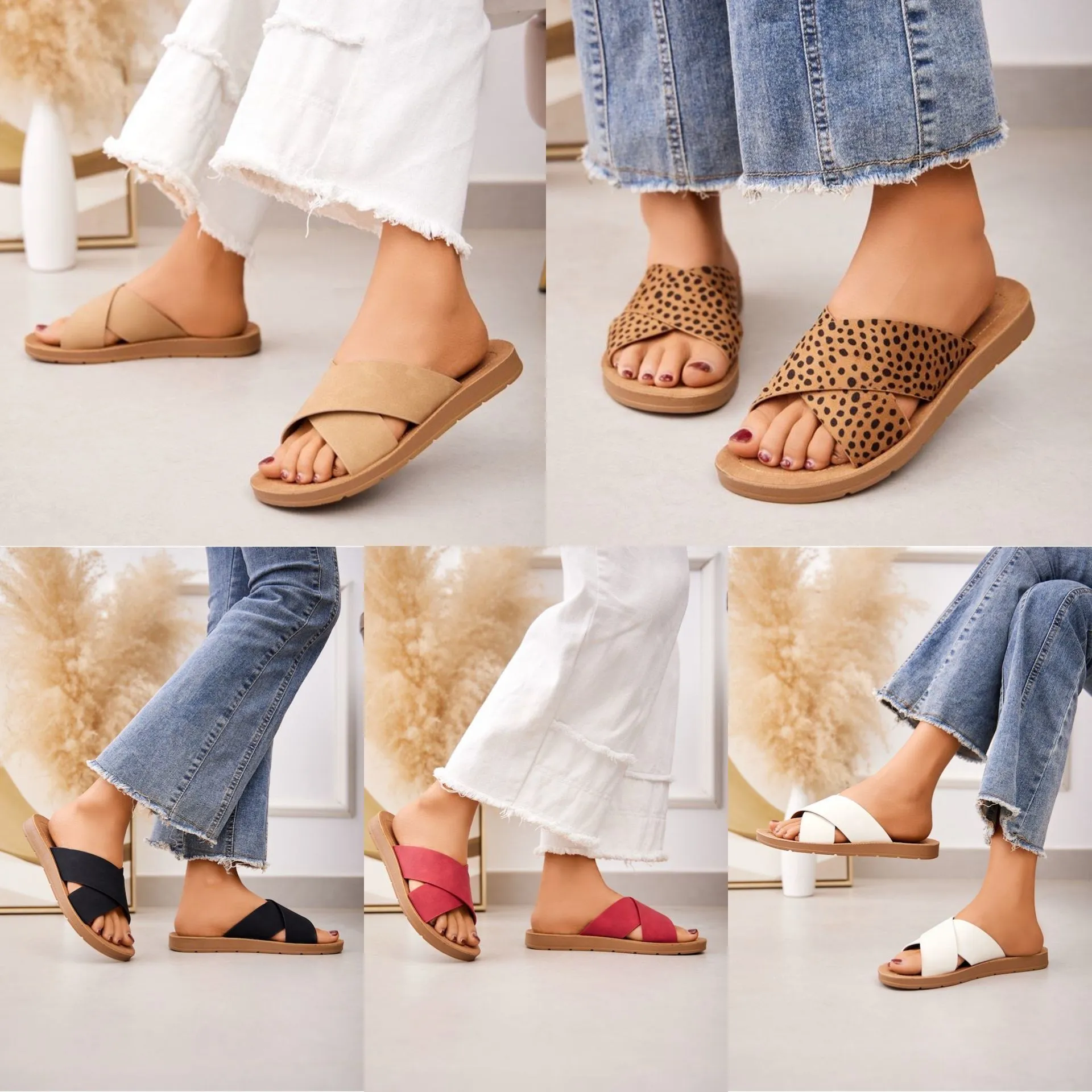 SLIP ON SANDALS CRISSCROSS BAND STRAP FLIP FLOP SLIDERS IN BLACK
