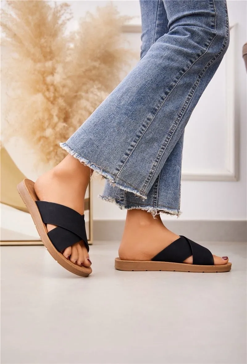 SLIP ON SANDALS CRISSCROSS BAND STRAP FLIP FLOP SLIDERS IN BLACK