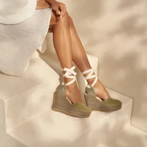 Soft Suede Heart-Shaped Wedge Espadrilles Hamptons  Kaki Green On Tone
