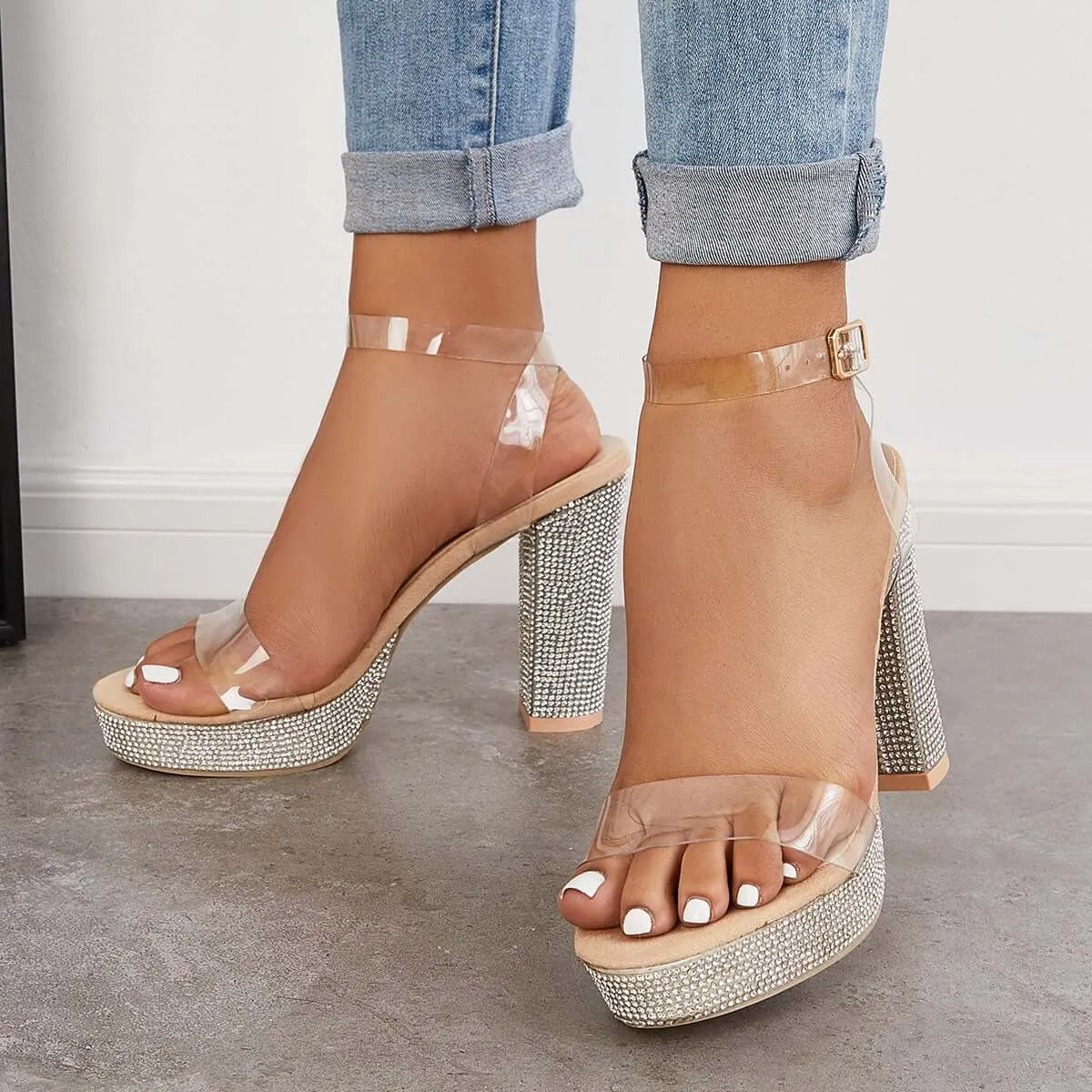 Sohiwoo  Women Rhinestone Chunky Block High Heels Ankle Strap Sandals
