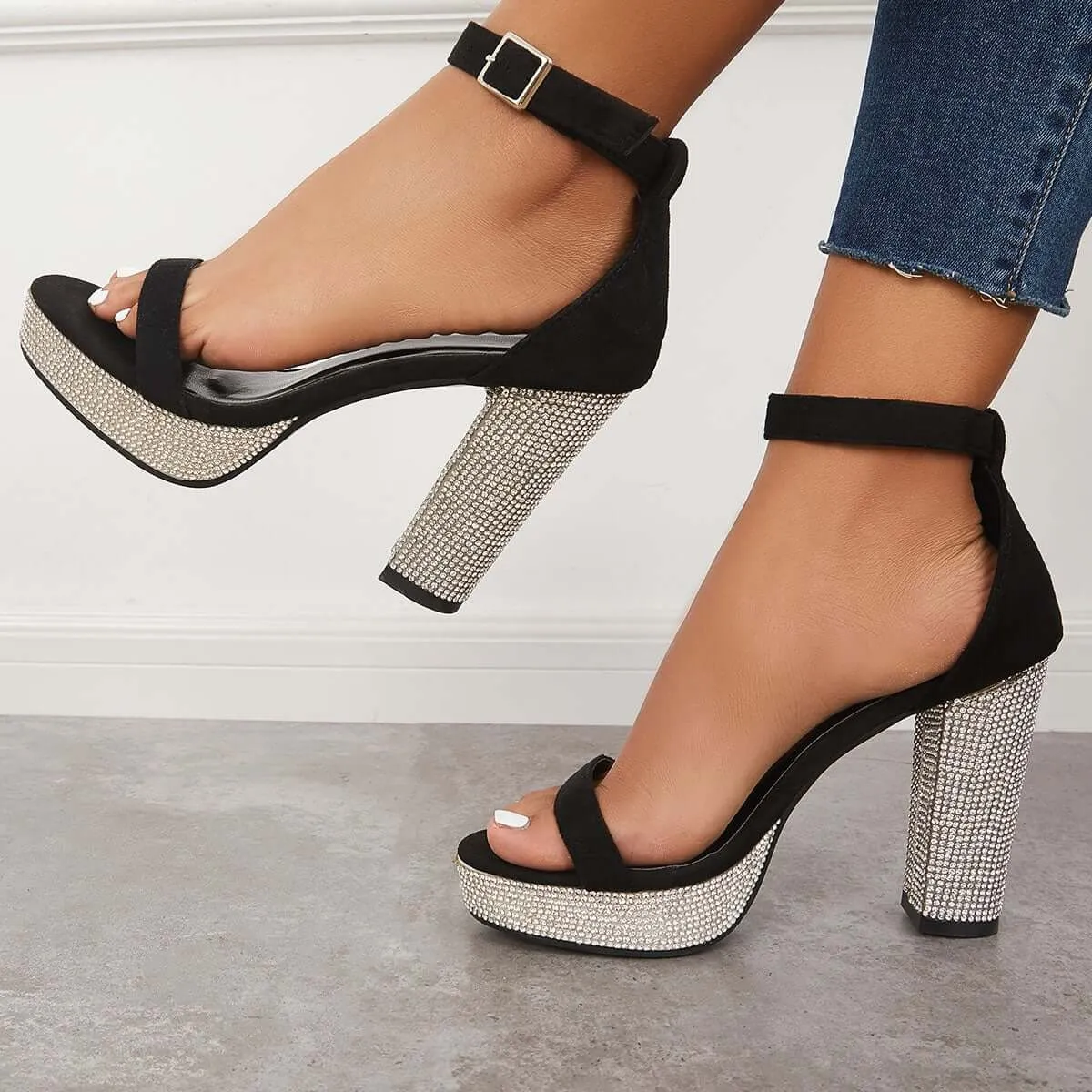 Sohiwoo  Women Rhinestone Chunky Block High Heels Ankle Strap Sandals