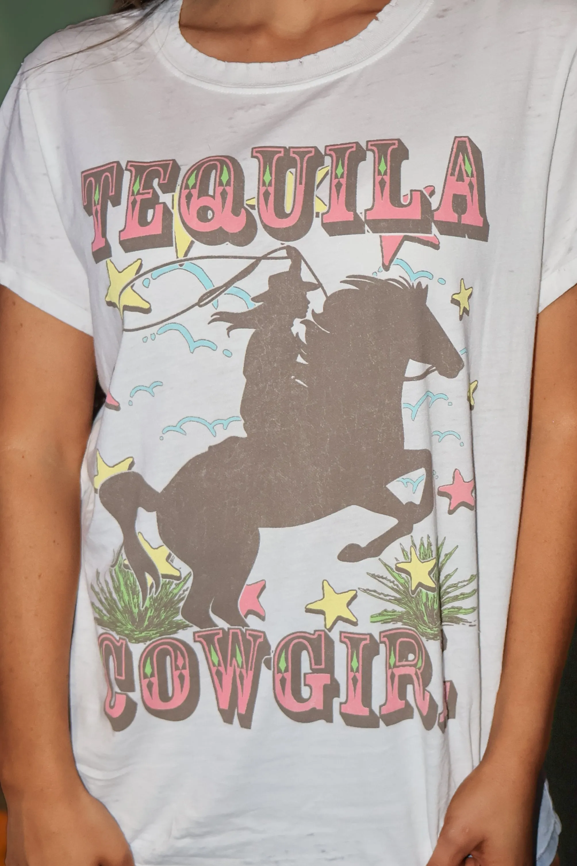 Tequila Cowgirl Distressed Trim Graphic Tee