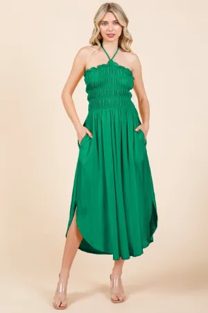 Tie Back Green Pop Shirring Dress with Pockets