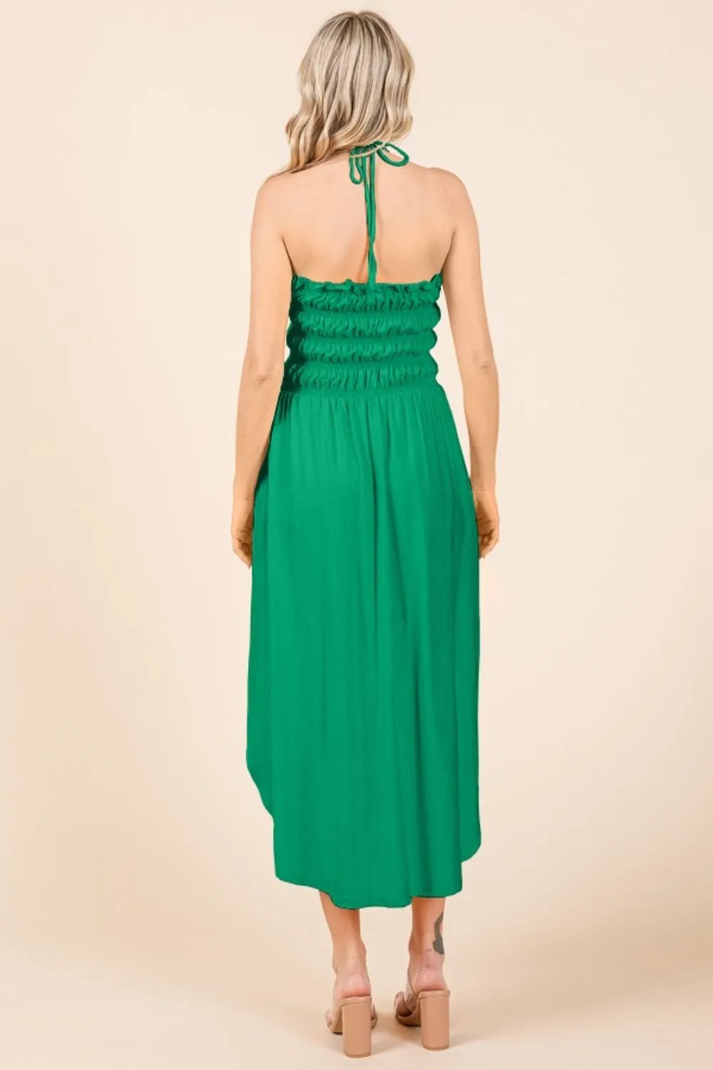 Tie Back Green Pop Shirring Dress with Pockets