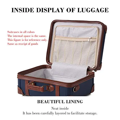 urecity Cute Vintage Carry on Mini Trunk Suitcase with Leather Strips and Shoulder Strap (Navy Blue)