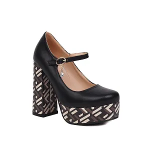 Women's Bicolor Shallow Mary Janes Block Heel Platform Pumps