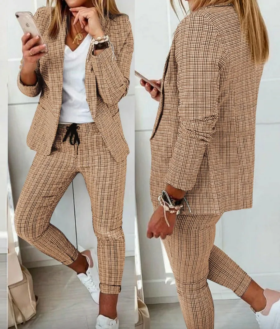 Women's Checked Suit  Tailored Blazer & Slim-Fit Cropped Pants  Classic Lapel