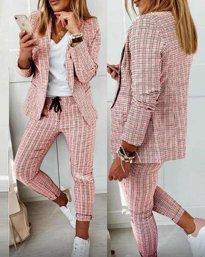 Women's Checked Suit  Tailored Blazer & Slim-Fit Cropped Pants  Classic Lapel