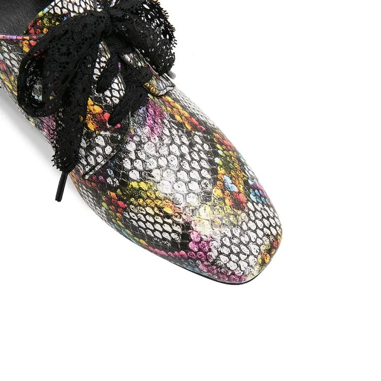 Women's Colorful Snake Pattern Square Toe Lace Up Block Heel Shoes